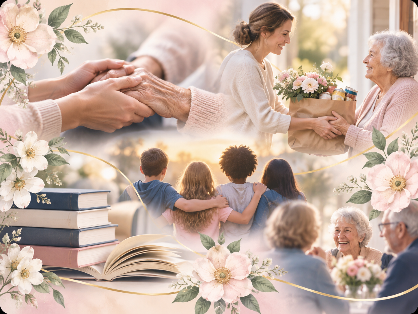 A gentle collage representing community service, fellowship, youth support, books, and caring for others.